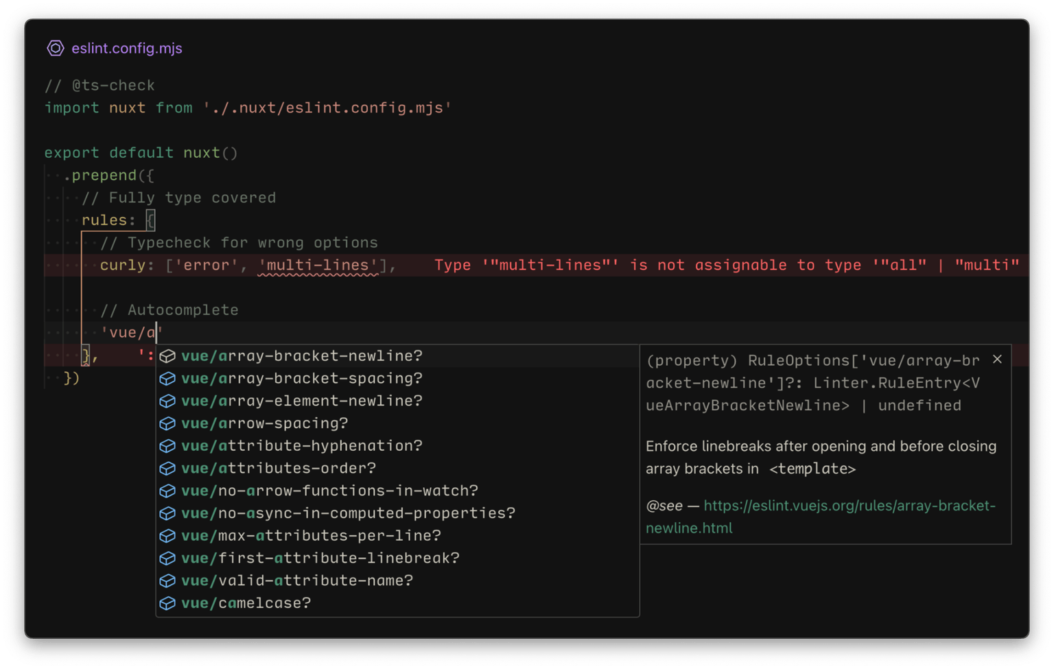 Screenshot of VS Code that showcases the type check and autocomplete with ESLint rules config